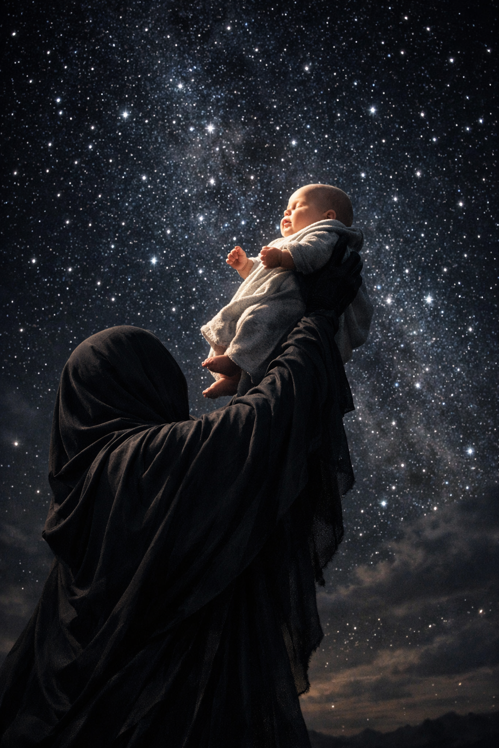 A cloaked figure lifting a newborn beneath a sky filled with stars.